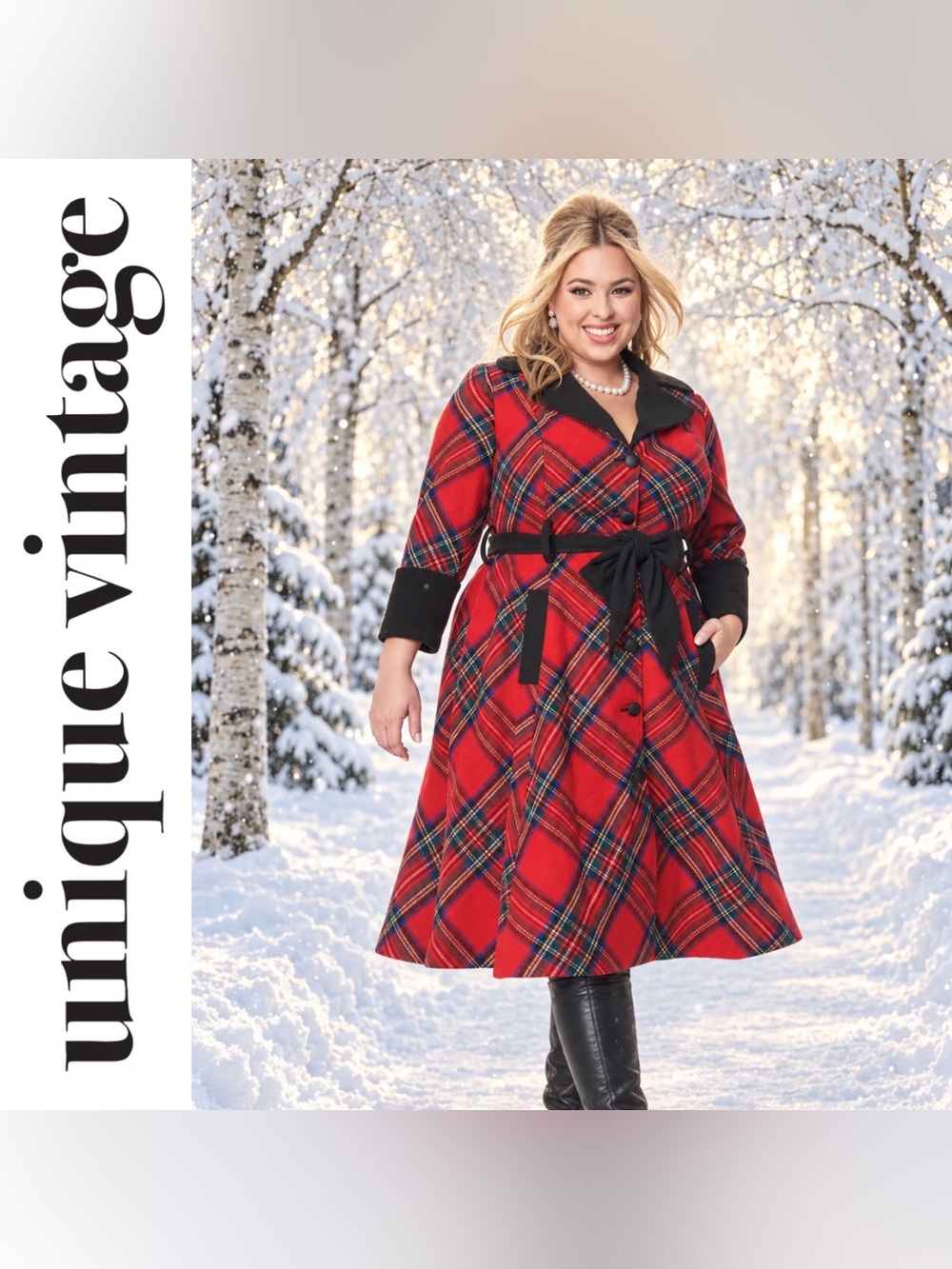 Unique Vintage 50s Red Tartan Plaid Belted Midi Winter Swing Coat, 1X, NWT!